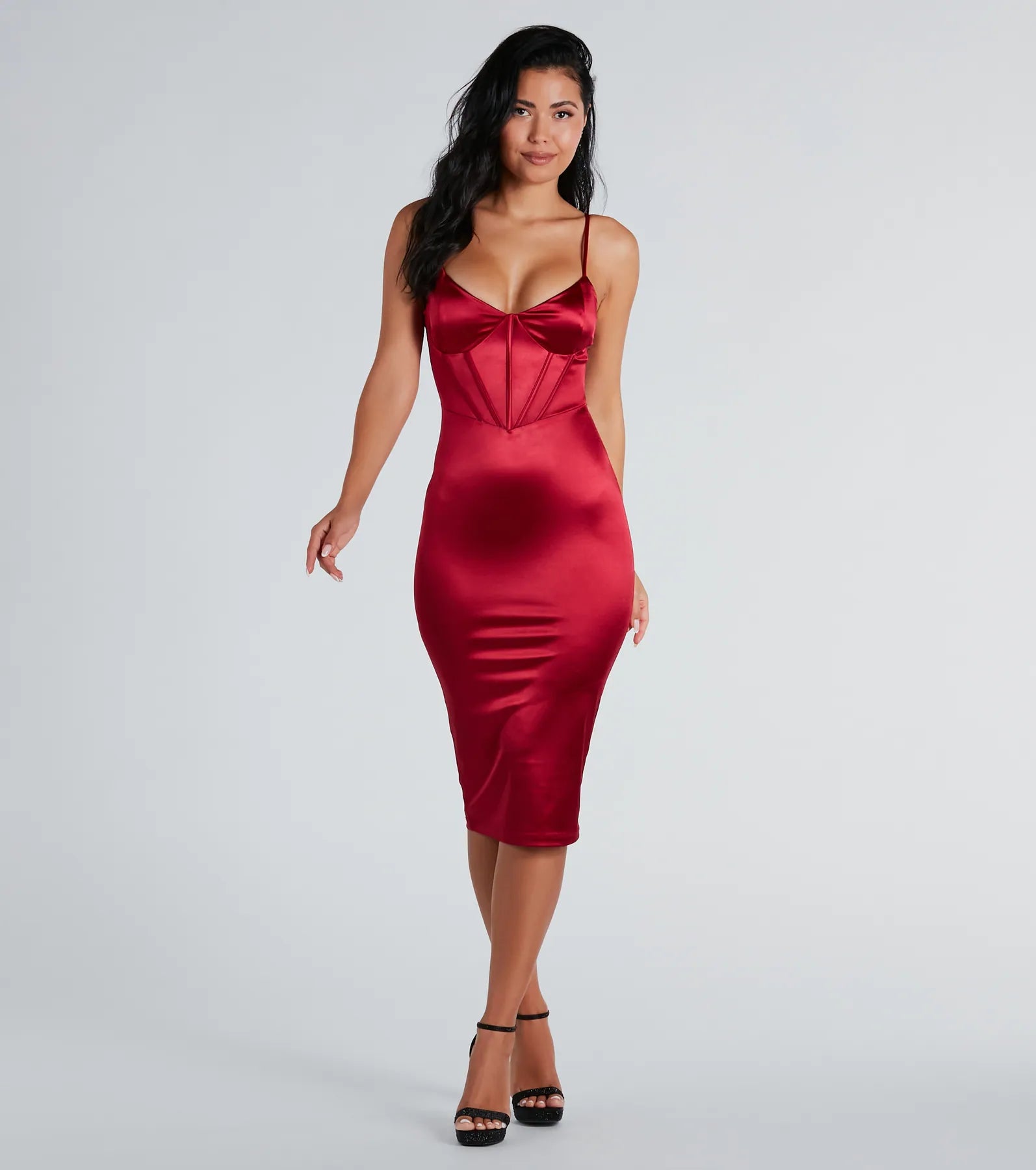 Chantel Formal Satin Corset Lace-Up Midi Dress