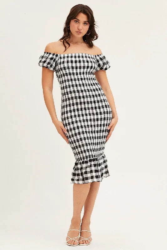 Check Shirred Midi Dress