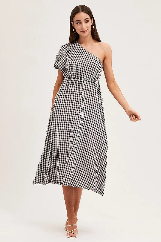 Stripe Check One Shoulder Midi Dress