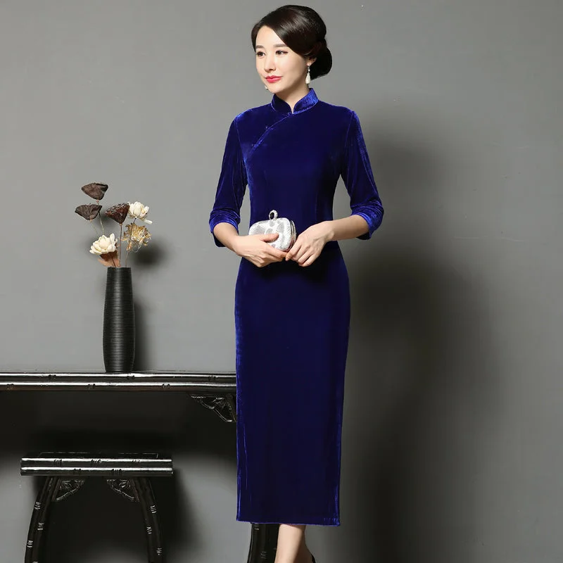 3/4 Sleeve Tea Length Velvet Cheongsam Qipao Dress