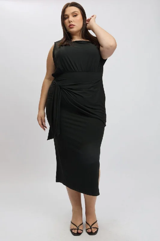 Black Tie Front Asymmetric Off Shoulder Dress