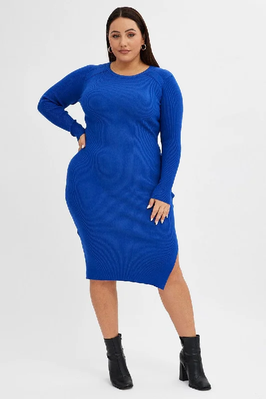 Blue Knit Dress Raglan Round Neck Side Split