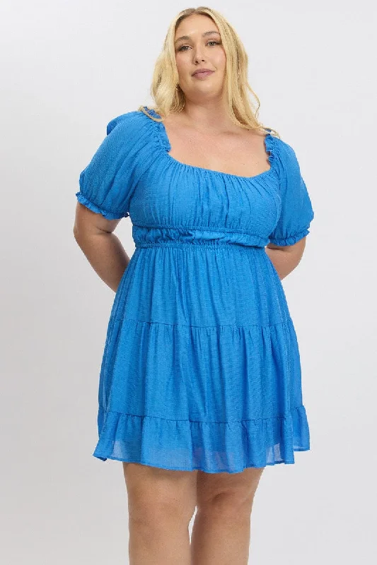 Blue Scoop Neck Frill Sleeve Minidress