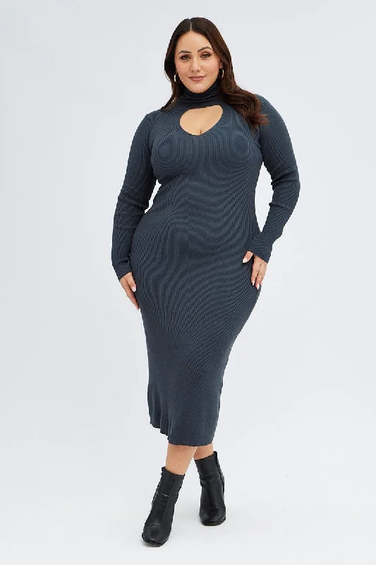 Grey Knit Dress Long Sleeve High Neck Cut Out