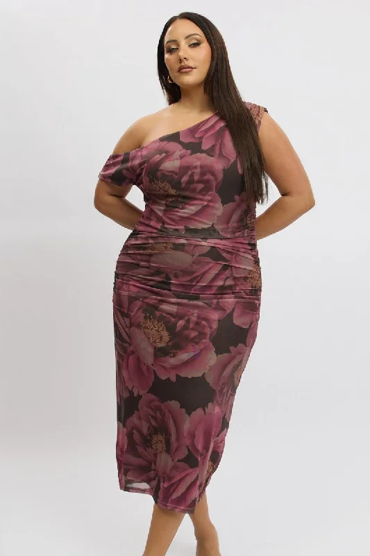 Multi Floral One Shoulder Asymmetric Dress