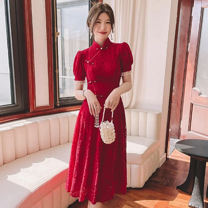 Puff Sleeve Floral Lace Cheongsam Top Chinese Prom Dress with Pleated Skirt