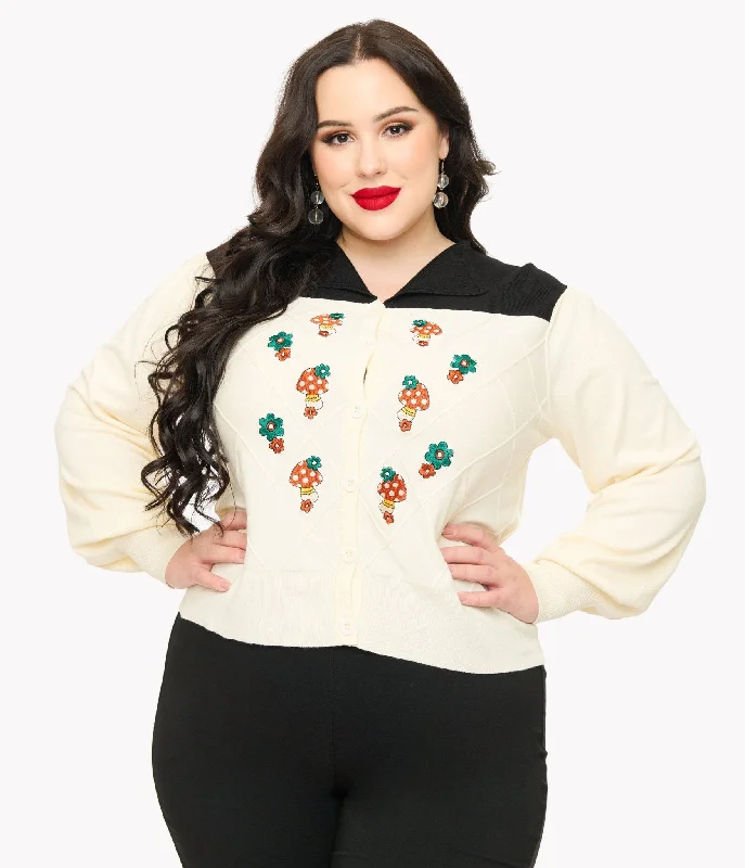 Smak Parlour Plus Size 1960s Ivory & Black Mushroom Embroidered Cardigan