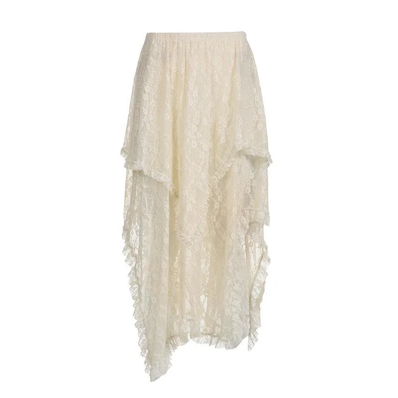 Irregular lace ruffle solid midi skirt